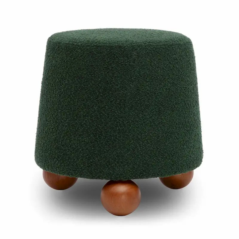 Pouf rond en tissu bouclé marron chocolat avec pieds sphériques en bois