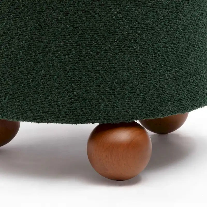 Pouf rond en tissu bouclé marron chocolat avec pieds sphériques en bois