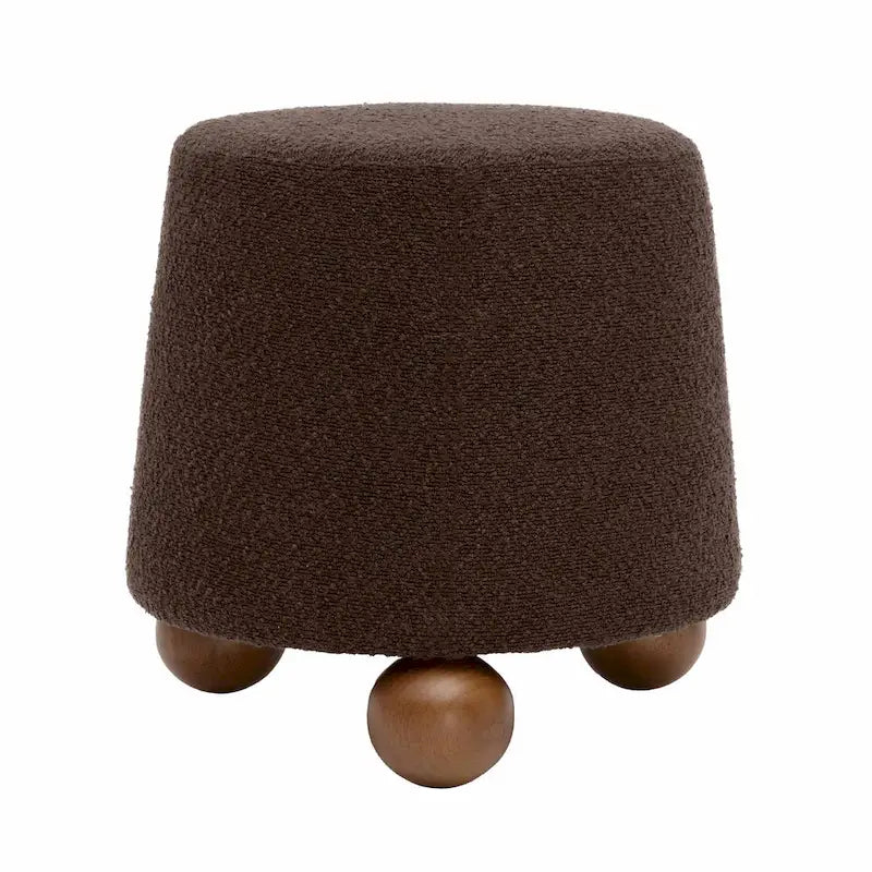 Pouf rond en tissu bouclé marron chocolat avec pieds sphériques en bois