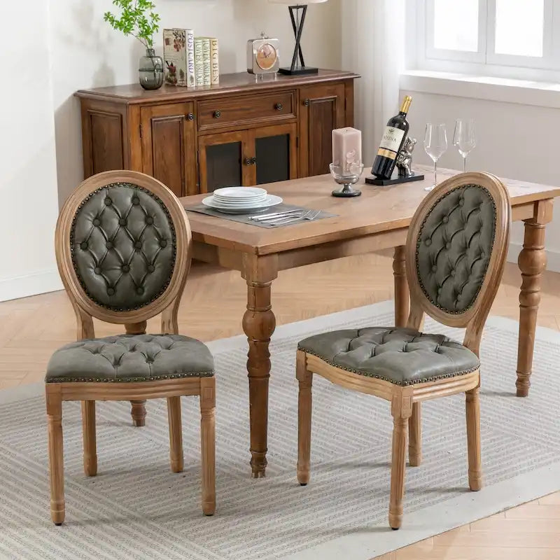 Chaise de salle à manger en cuir touffeté à dossier rond de style français avec garniture cloutée, vert olive / noir