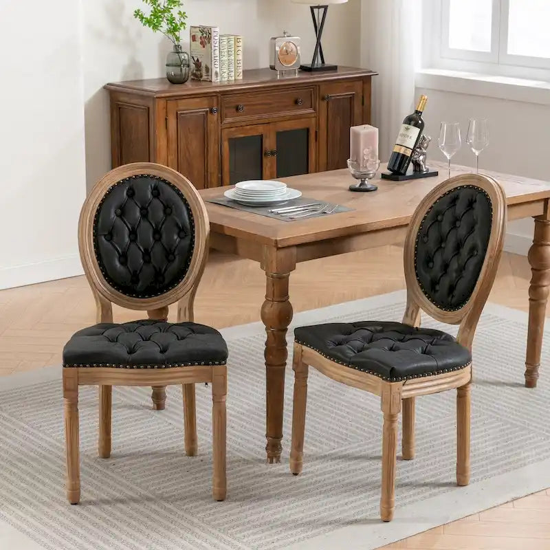 Chaise de salle à manger en cuir touffeté à dossier rond de style français avec garniture cloutée, vert olive / noir