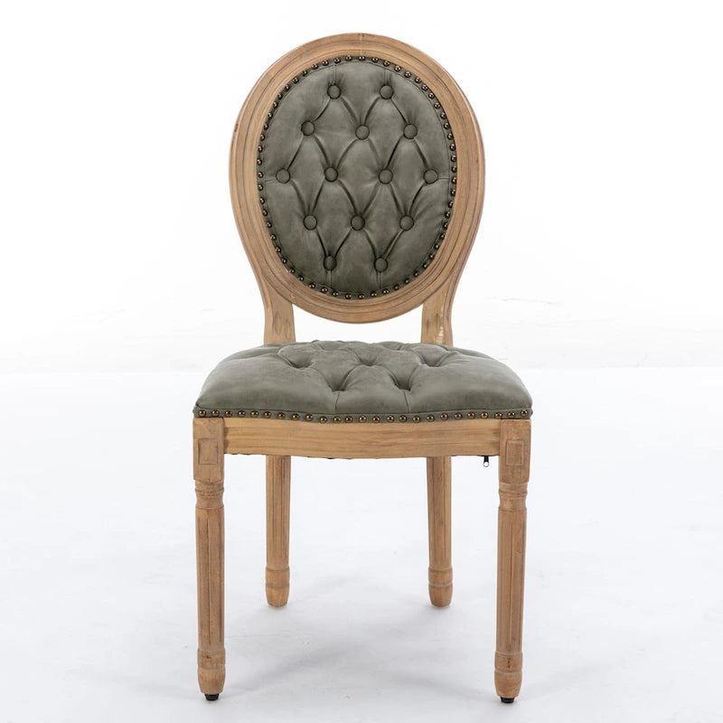 Chaise de salle à manger en cuir touffeté à dossier rond de style français avec garniture cloutée, vert olive / noir
