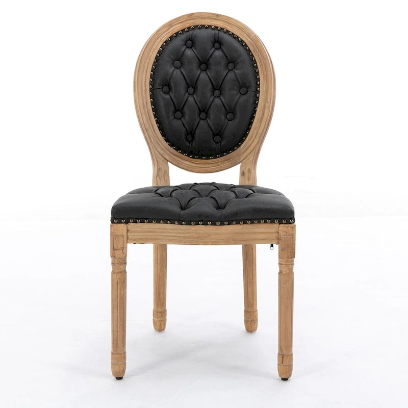 Chaise de salle à manger en cuir touffeté à dossier rond de style français avec garniture cloutée, vert olive / noir