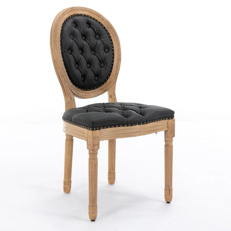 Chaise de salle à manger en cuir touffeté à dossier rond de style français avec garniture cloutée, vert olive / noir