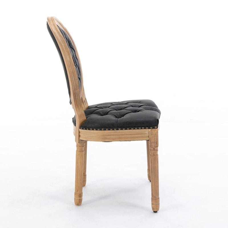 Chaise de salle à manger en cuir touffeté à dossier rond de style français avec garniture cloutée, vert olive / noir