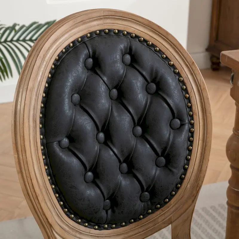 Chaise de salle à manger en cuir touffeté à dossier rond de style français avec garniture cloutée, vert olive / noir