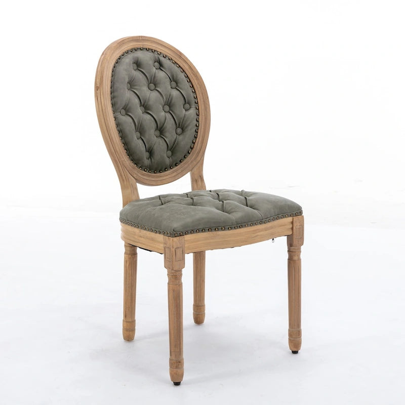 Chaise de salle à manger en cuir touffeté à dossier rond de style français avec garniture cloutée, vert olive / noir