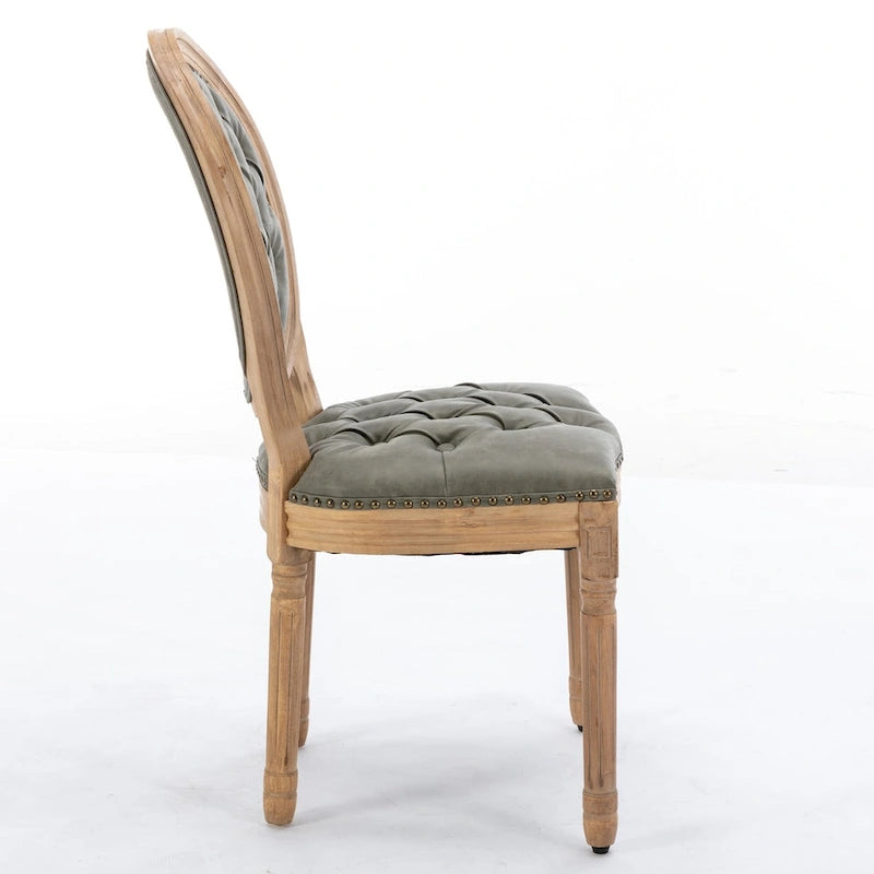 Chaise de salle à manger en cuir touffeté à dossier rond de style français avec garniture cloutée, vert olive / noir