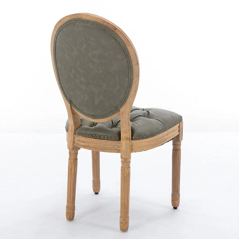 Chaise de salle à manger en cuir touffeté à dossier rond de style français avec garniture cloutée, vert olive / noir