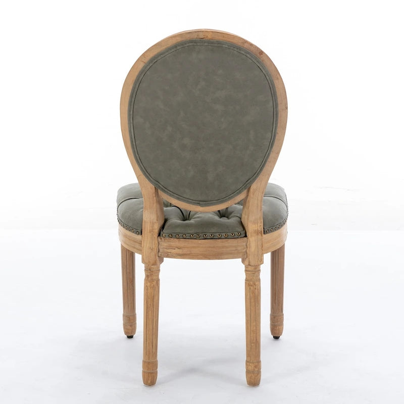 Chaise de salle à manger en cuir touffeté à dossier rond de style français avec garniture cloutée, vert olive / noir