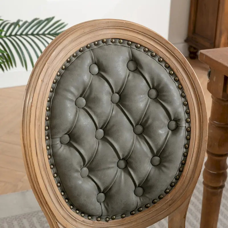 Chaise de salle à manger en cuir touffeté à dossier rond de style français avec garniture cloutée, vert olive / noir