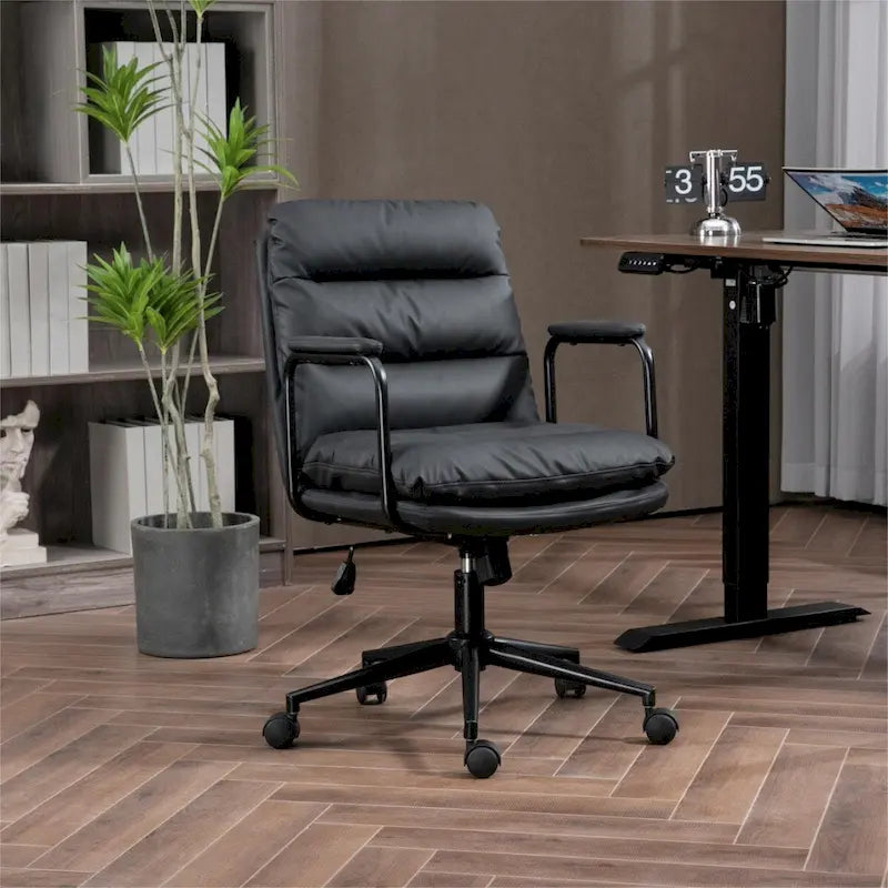 Chaise de bureau pivotante en similicuir avec accoudoirs rembourrés et hauteur réglable, Noir et Marron