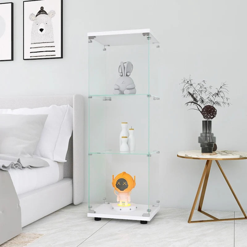 Vitrine d'affichage en verre trempé blanc avec 3 étagères et une porte