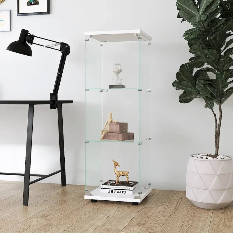 Vitrine d'affichage en verre trempé blanc avec 3 étagères et une porte