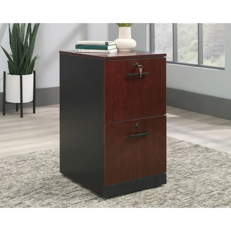 Meuble de classement 2 tiroirs avec serrure, finition merisier classique et noir doux