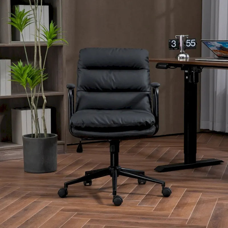 Chaise de bureau mi-dos en cuir PU avec accoudoirs, roulettes, pivotante, réglable en hauteur, marron/noir