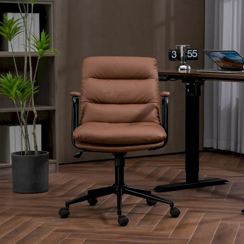 Chaise de bureau mi-dos en cuir PU avec accoudoirs, roulettes, pivotante, réglable en hauteur, marron/noir