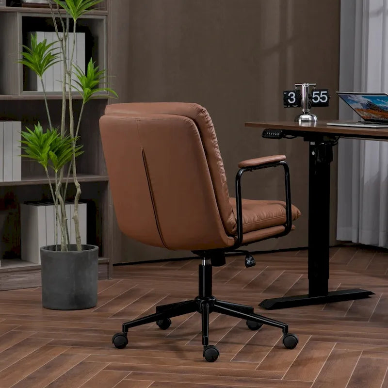 Chaise de bureau mi-dos en cuir PU avec accoudoirs, roulettes, pivotante, réglable en hauteur, marron/noir