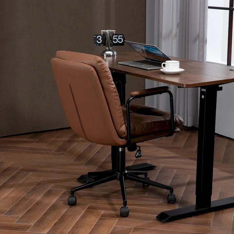 Chaise de bureau mi-dos en cuir PU avec accoudoirs, roulettes, pivotante, réglable en hauteur, marron/noir
