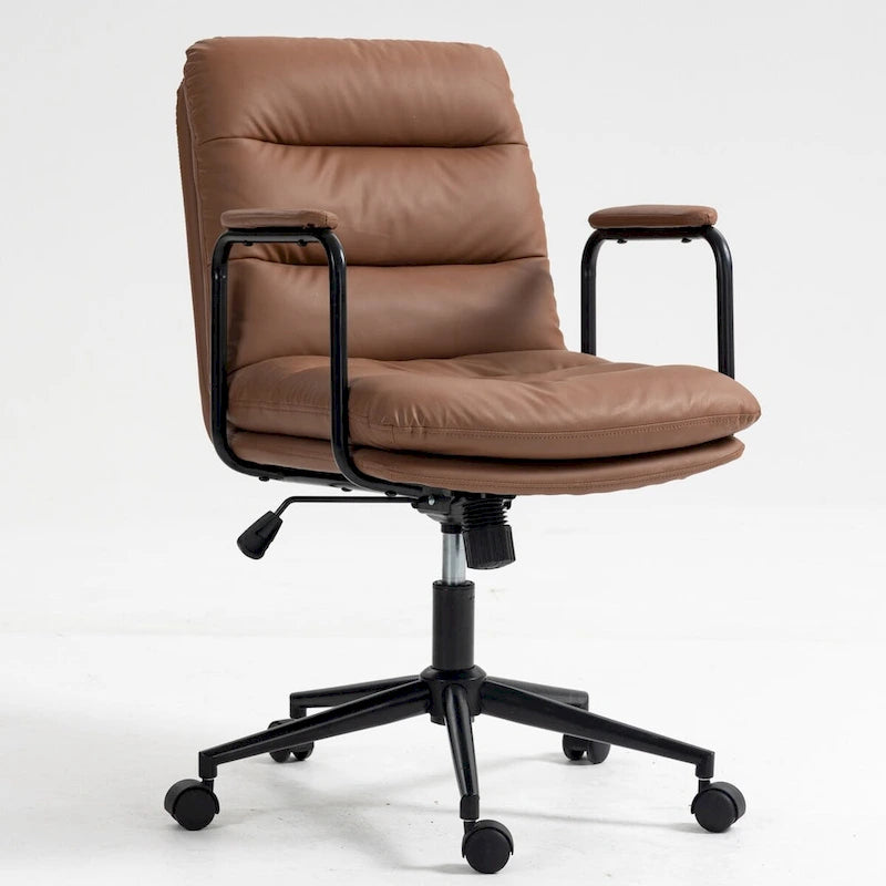 Chaise de bureau mi-dos en cuir PU avec accoudoirs, roulettes, pivotante, réglable en hauteur, marron/noir