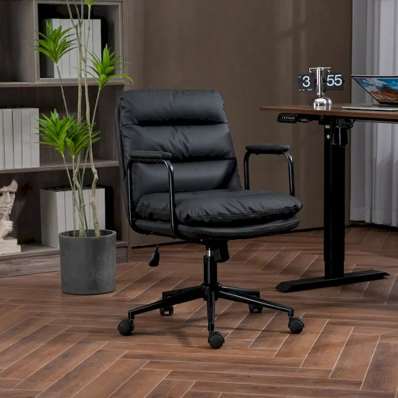 Chaise de bureau mi-dos en cuir PU avec accoudoirs, roulettes, pivotante, réglable en hauteur, marron/noir