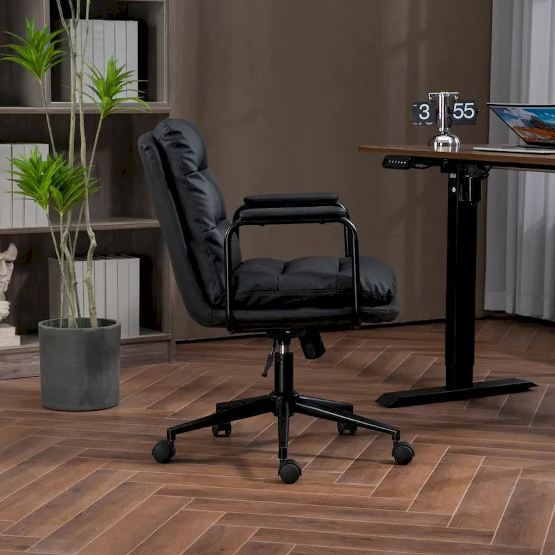 Chaise de bureau mi-dos en cuir PU avec accoudoirs, roulettes, pivotante, réglable en hauteur, marron/noir