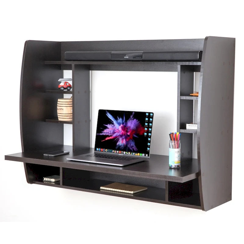 Bureau mural flottant avec étagères de rangement multiples, Noir/Marron/Blanc