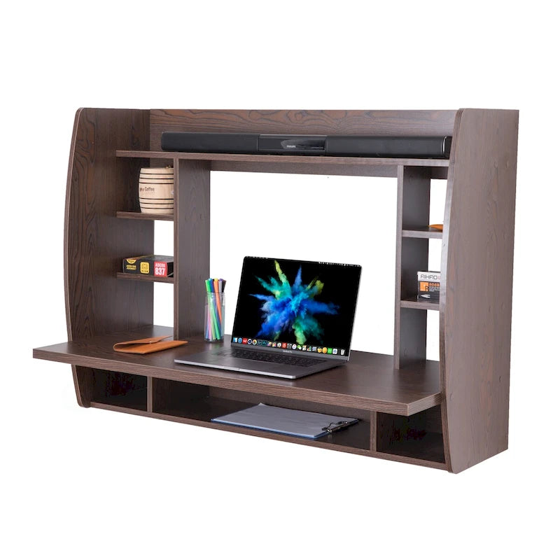 Bureau mural flottant avec étagères de rangement multiples, Noir/Marron/Blanc