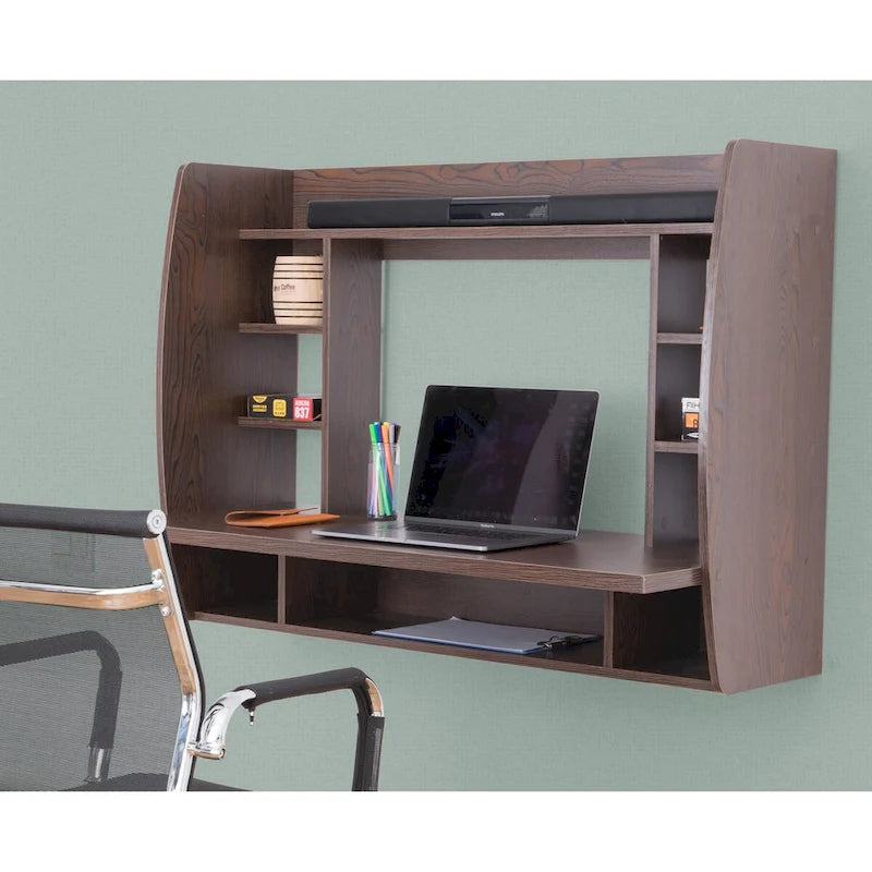 Bureau mural flottant avec étagères de rangement multiples, Noir/Marron/Blanc
