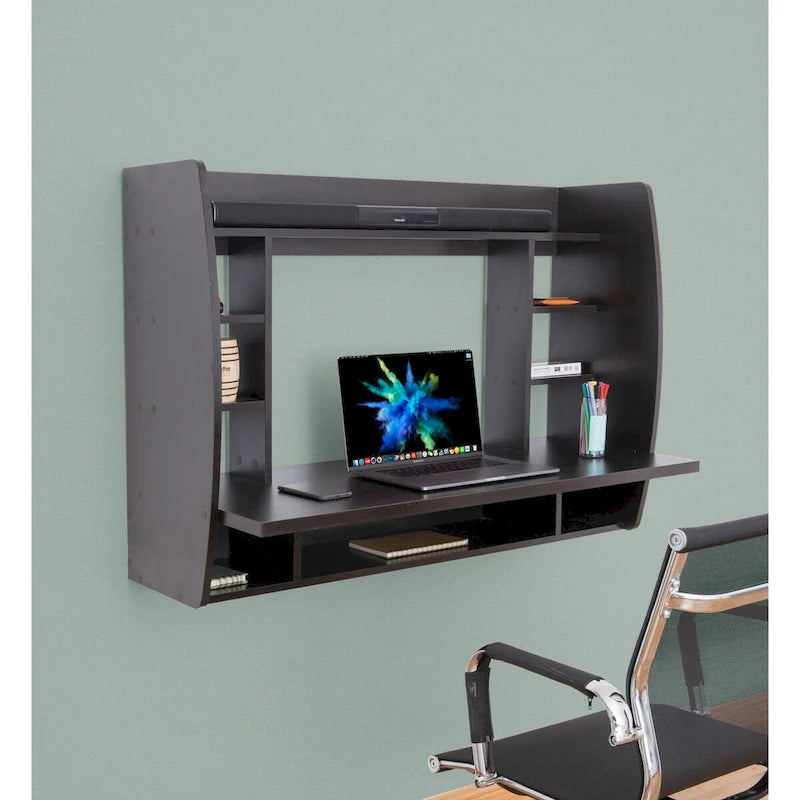 Bureau mural flottant avec étagères de rangement multiples, Noir/Marron/Blanc