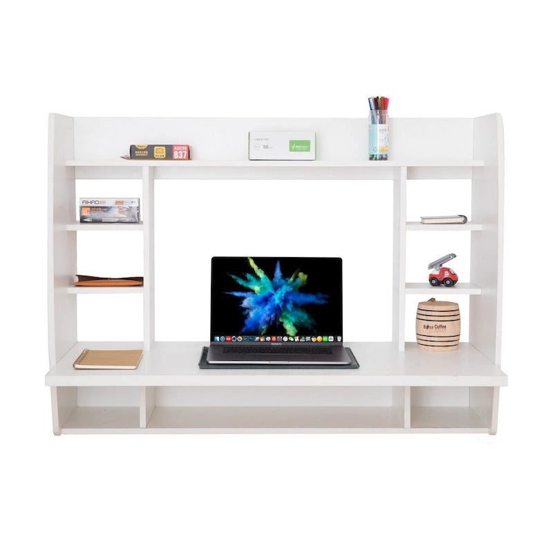 Bureau mural flottant avec étagères de rangement multiples, Noir/Marron/Blanc