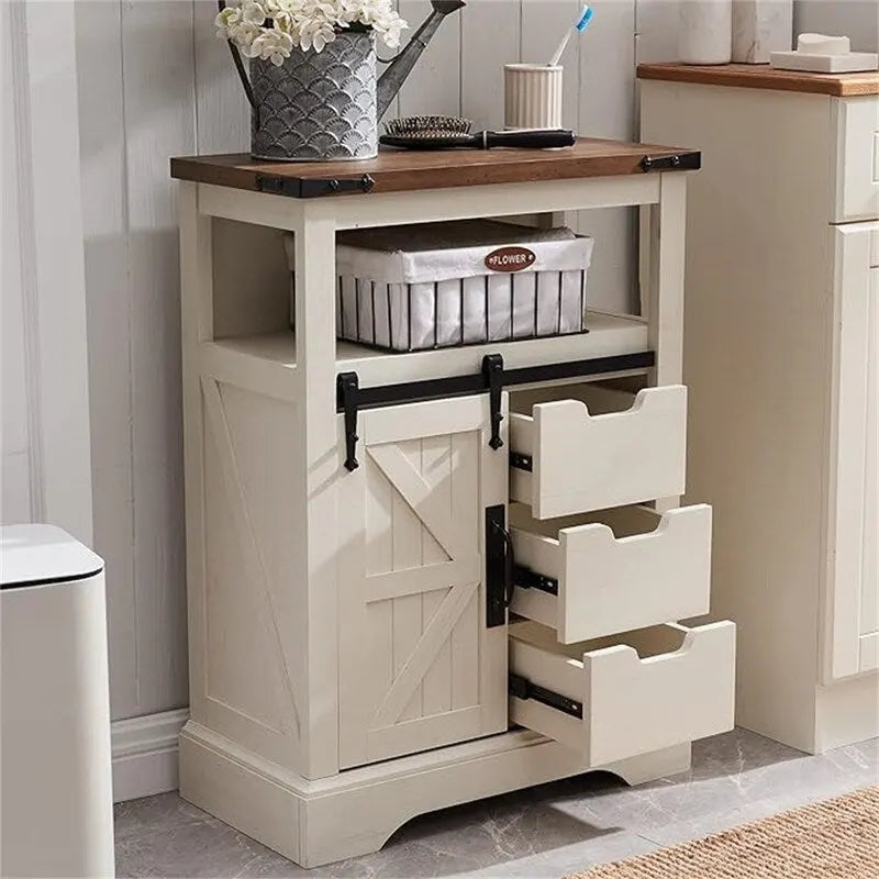 Meuble bas de ferme avec porte coulissante de style grange et tiroirs, blanc antique