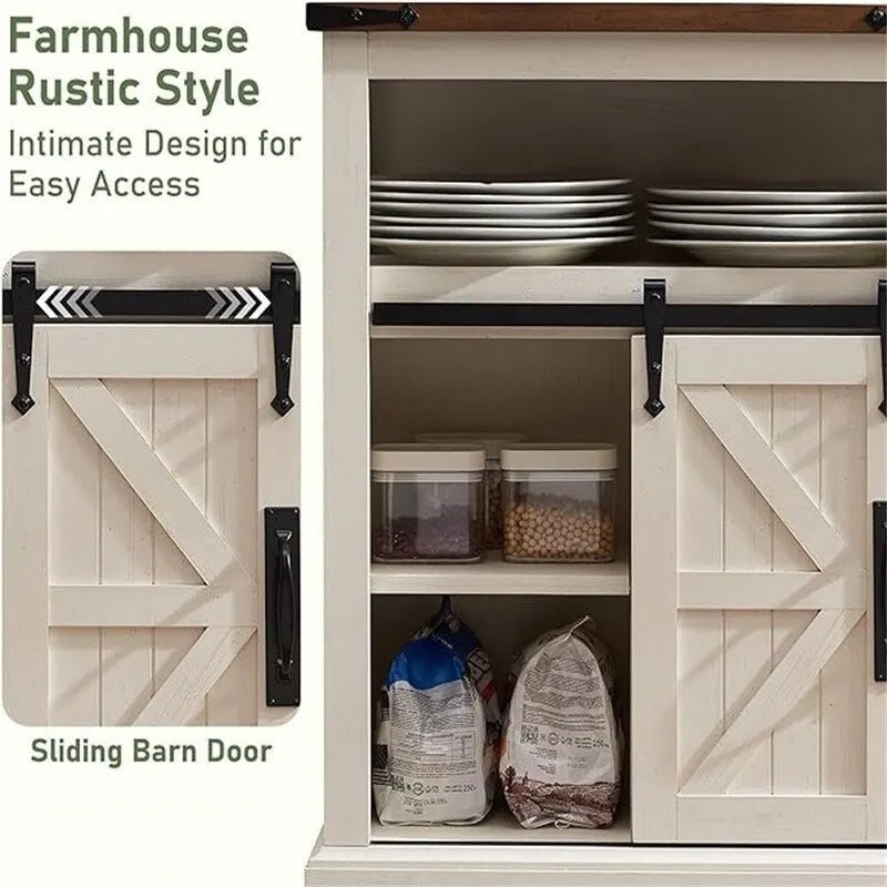 Meuble bas de ferme avec porte coulissante de style grange et tiroirs, blanc antique