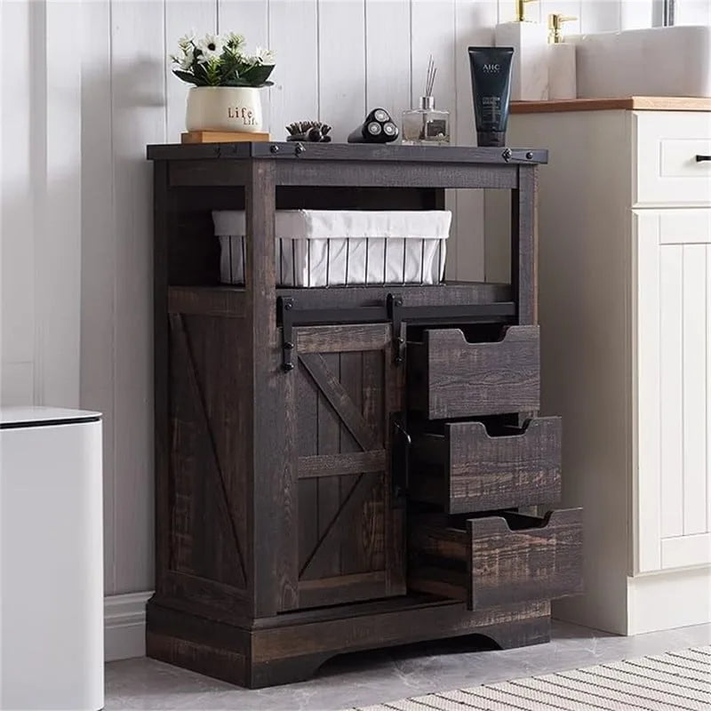Meuble bas de ferme avec porte coulissante de style grange et tiroirs, blanc antique
