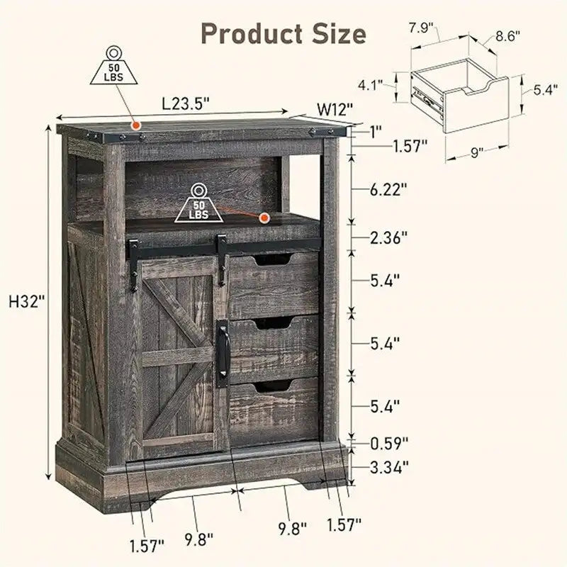 Meuble bas de ferme avec porte coulissante de style grange et tiroirs, blanc antique