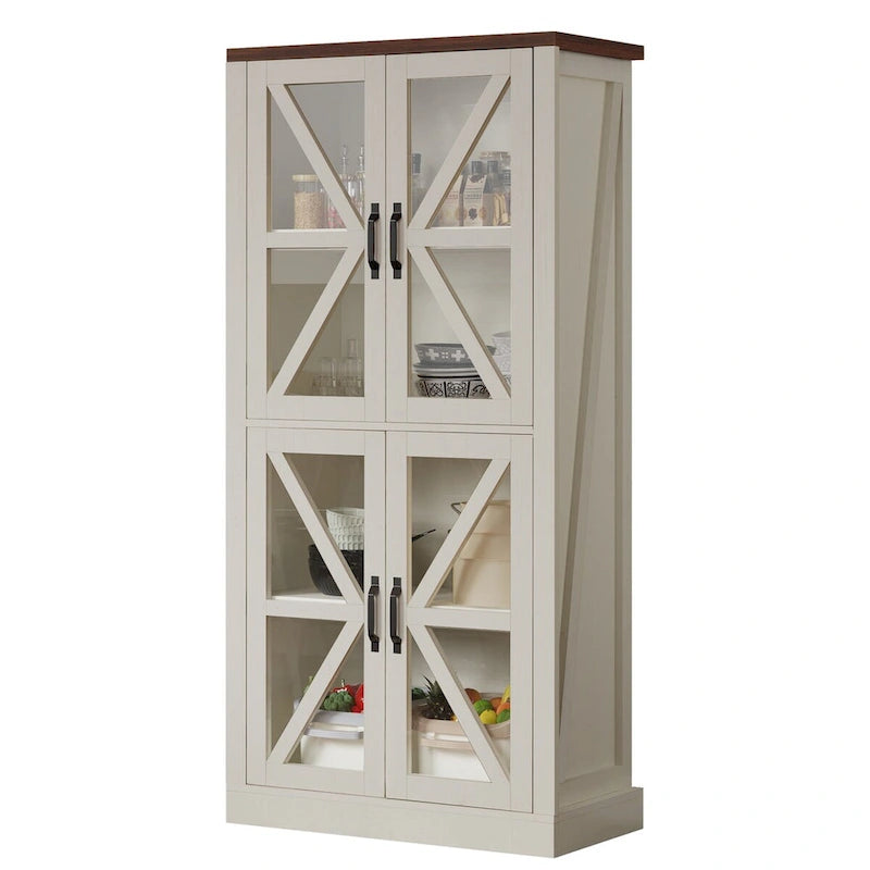 Tall Freestanding Kitchen Pantry Cabinet with Glass Doors Farmhouse White