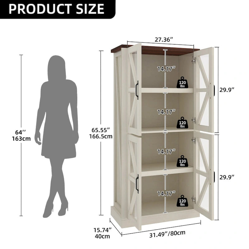 Tall Freestanding Kitchen Pantry Cabinet with Glass Doors Farmhouse White