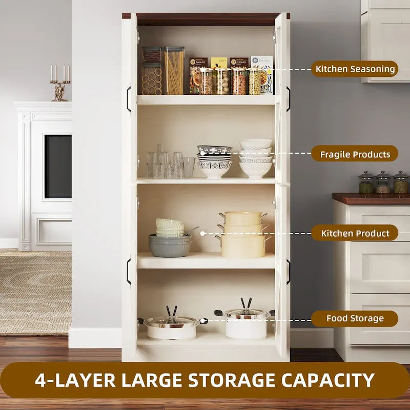 Tall Freestanding Kitchen Pantry Cabinet with Glass Doors Farmhouse White