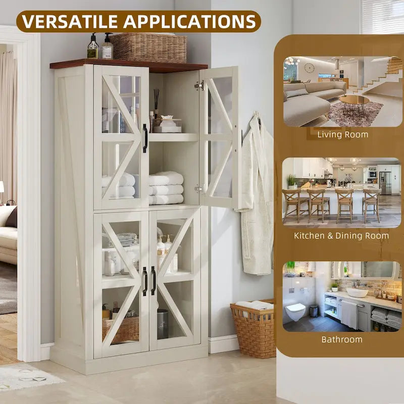 Tall Freestanding Kitchen Pantry Cabinet with Glass Doors Farmhouse White