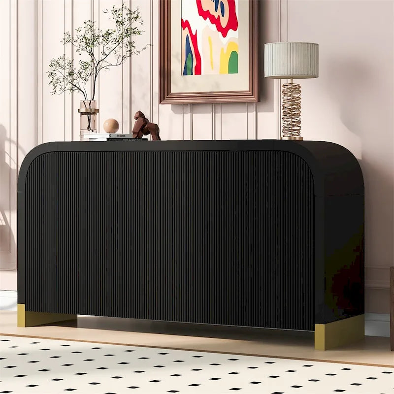 Buffet d'angle incurvé à 4 portes avec portes à motif vague et étagères réglables