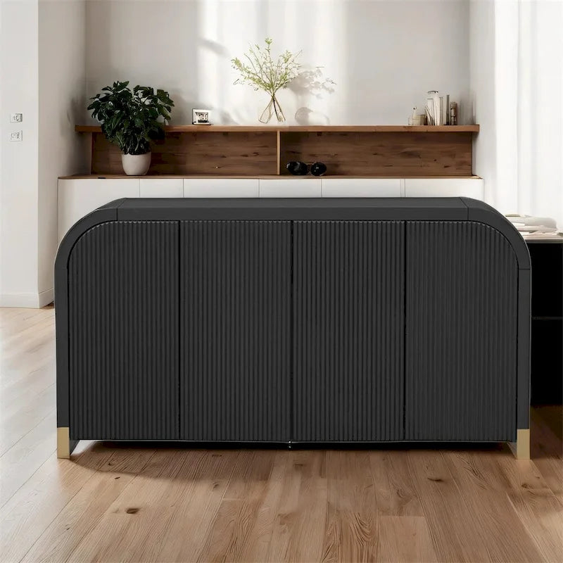 Buffet d'angle incurvé à 4 portes avec portes à motif vague et étagères réglables