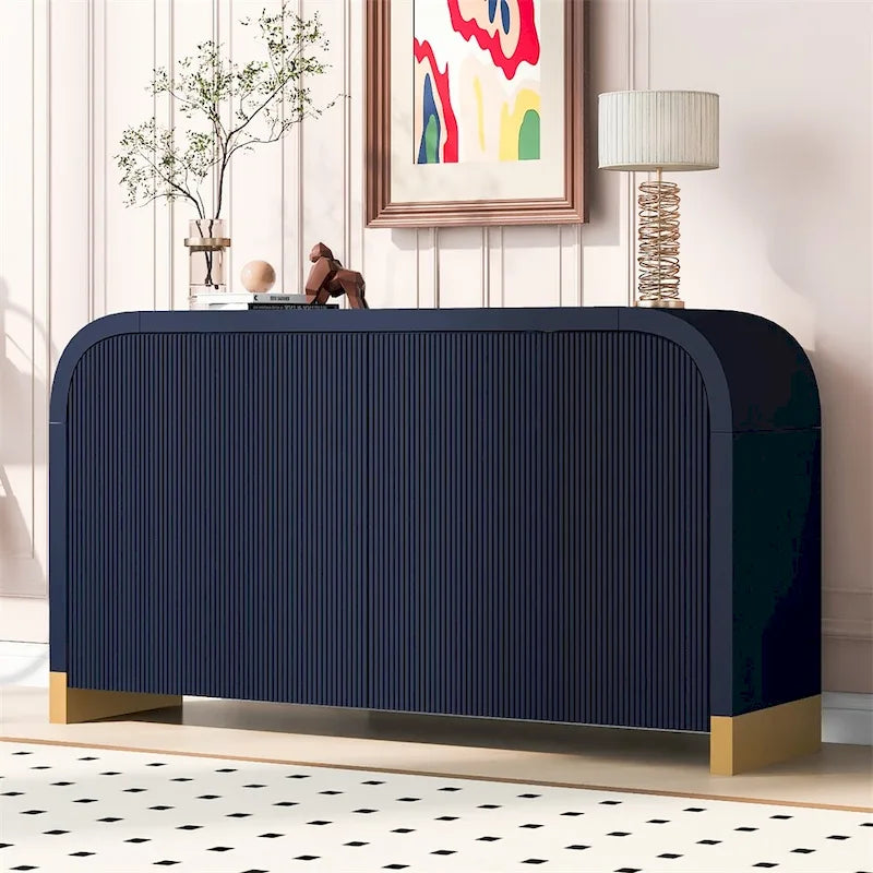 Buffet d'angle incurvé à 4 portes avec portes à motif vague et étagères réglables