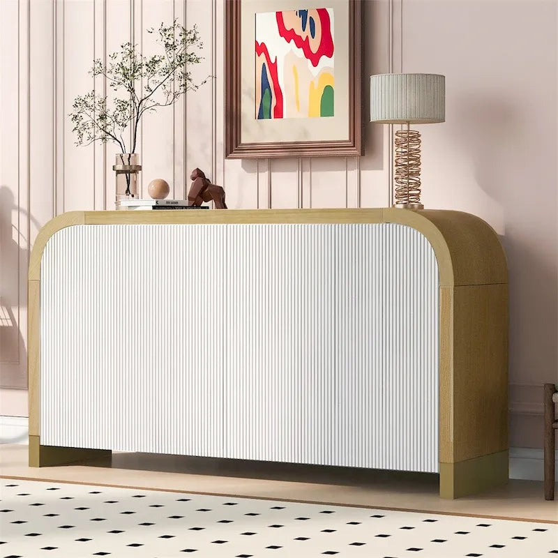 Buffet d'angle incurvé à 4 portes avec portes à motif vague et étagères réglables